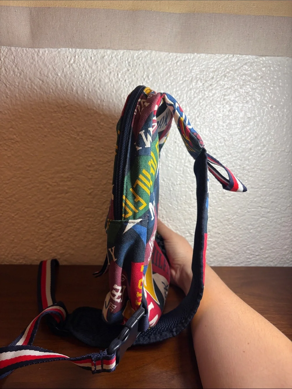 Vintage 1985 Tommy Hilfiger NYC Pennant-Print Sling Backpack
